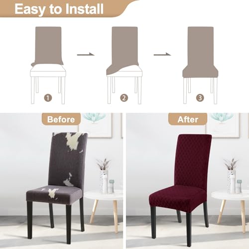 Image of SearchI Dining Room Chair Covers Set of 4, Stretch Jacquard Parsons Chair Slipcovers Super Fit Removable Washable Kitchen Chair Protector Cover for Dining Room, Hotel, Ceremony (Wine Red)