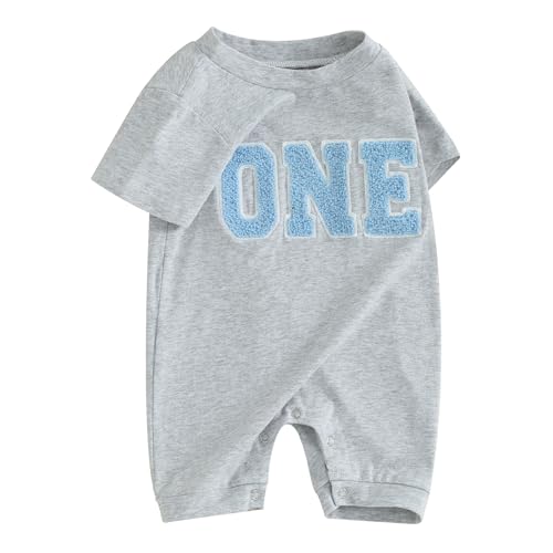 Newborn Baby Girl Boy 1st Birthday Romper Casual Letter One Embroidery Short Sleeve Romper Jumpsuit Shirt for Summer (A Gray, 12-18 Months)