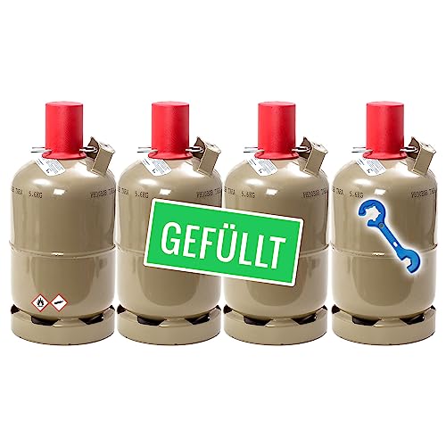 Bluecraft 4 x Camping Propan Gas-Flasche gefüllt - 5kg Eigentum Gasflasche mit Gasregler-Schlüssel + Magnet für Gas-Grill, Gas-Kocher, Wohnwagen, Heizung etc. Bluecraft 4 x Camping Propan Gas-Flasche gefüllt - 5kg Eigentum Gasflasche mit Gasregler-Schlüssel + Magnet für Gas-Grill, Gas-Kocher, Wohnwagen, Heizung etc.