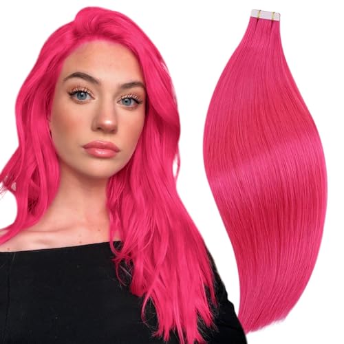 RUNATURE Pink Tape in Hair Extensions Human Hair 12 Inch Tape Hair Extensions Real Human Hair HotPink Invisible Tape Hair 20g