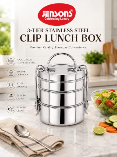 Image of JENSONS 3-Tier Stainless Steel Clip Lunch Box