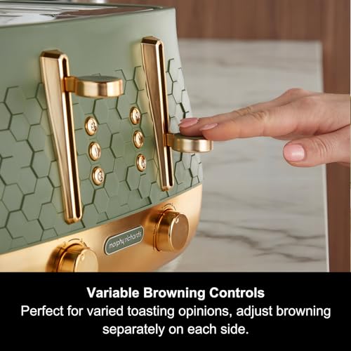 Morphy Richards Cassini 4 Slice Toaster, Variable Browning and Width Slots, 6 Power Levels, Removable Crumb Tray, Illuminated Buttons, High Lift, Defrost, Reheat, 800W, Olivine Green, 243022