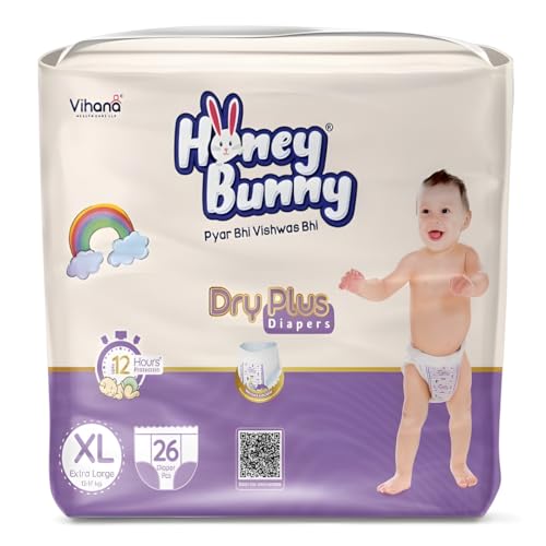 Image of Honey Bunny Baby Diaper Pants | Dry Plus Protection with 360 Soft Elastic Waistband | Upto 12 Hours Protection | Bubble Sheet Technology for Advanced Absorption | Extra Large (12 to 17 kg), 26 Pants