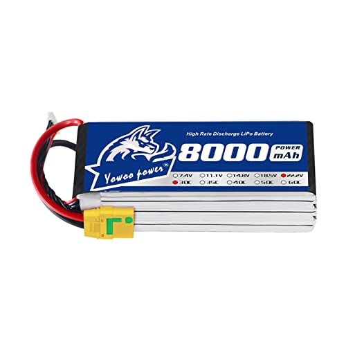 Yowoo 6S 22.2V Lipo �o�b�e���[ 8000mAh 30C with Amass �h�Ή� XT90-S�v���O�R�l�N�^�K�p DJI S800 S800 EVO S1000 Spider6 RC���[�^�[�{�[�g�w���R�v�^�[�� (176x61x55