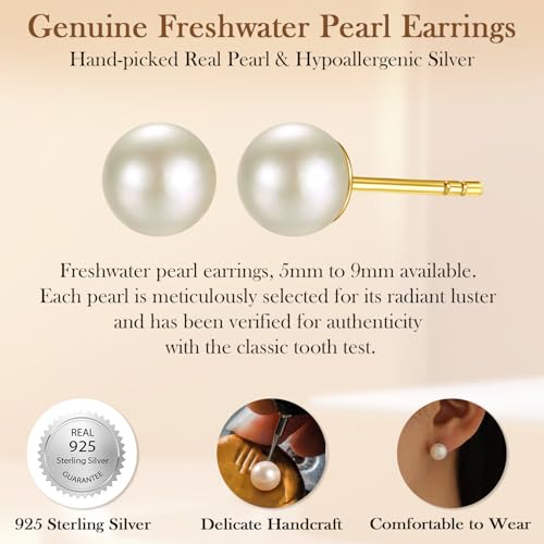 Image of Freshwater Pearl Stud Earrings for Women - Hypoallergenic 925 Silver Plated With 14k Gold Genuine Round White Pearls Elegant Gift for Her