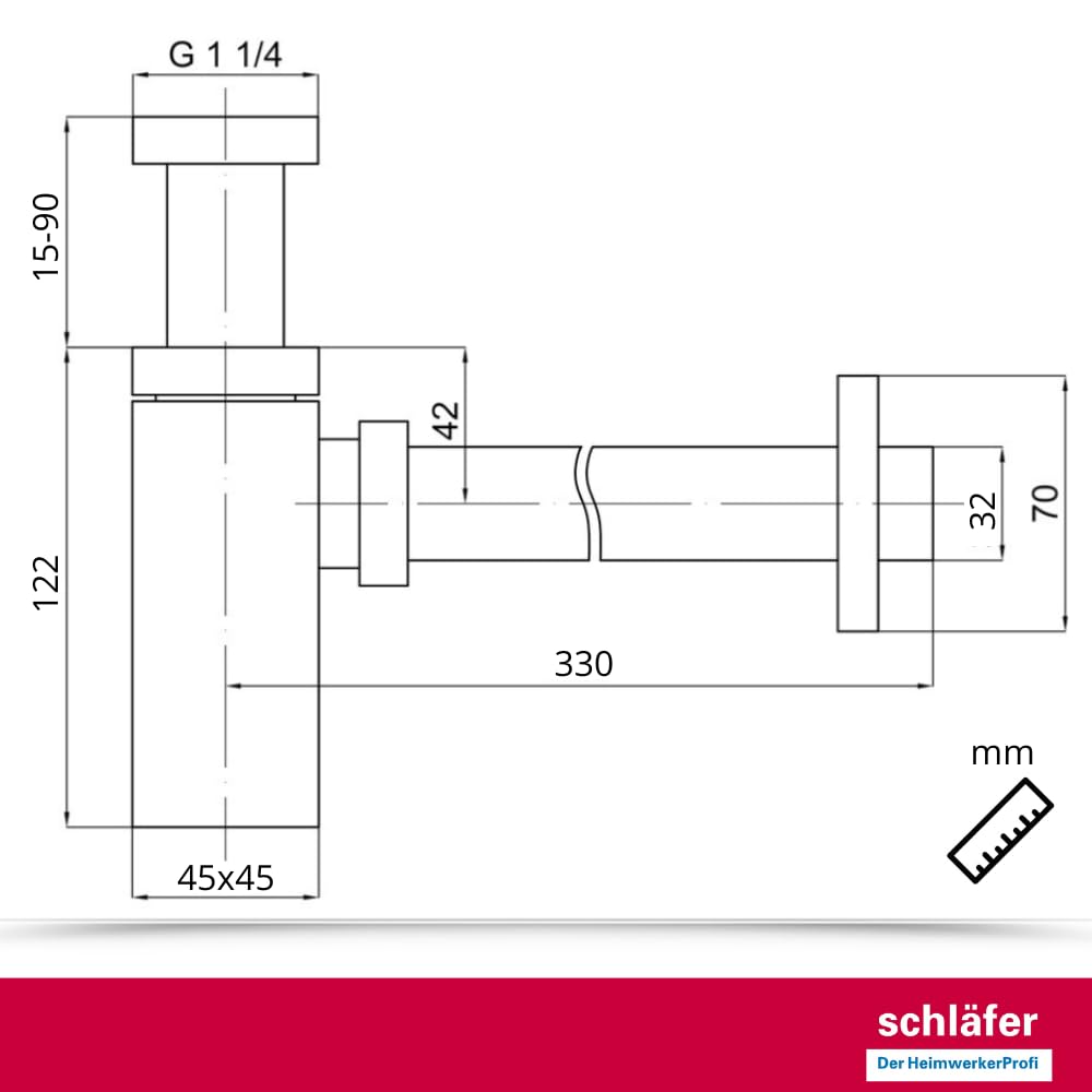 Schläfer 3439650 | Universal Design quadratisch Siphon Waschtisch, Waschbecken und Waschschale, höhenverstellbar, Geruchsverschluss mit Reinigungsöffnung, Röhrensiphon von 1 1/4 Zoll x Ø 32 mm