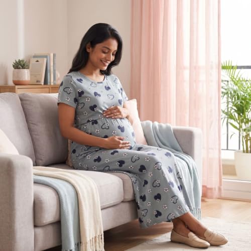 Image of Zero Clothing Feeding Dress for New Moms Casual Loungewear Ankle Length | Cotton Maternity Nighty | Zipless Feeding Dresses for Women | Pregnancy & Nursing Wear