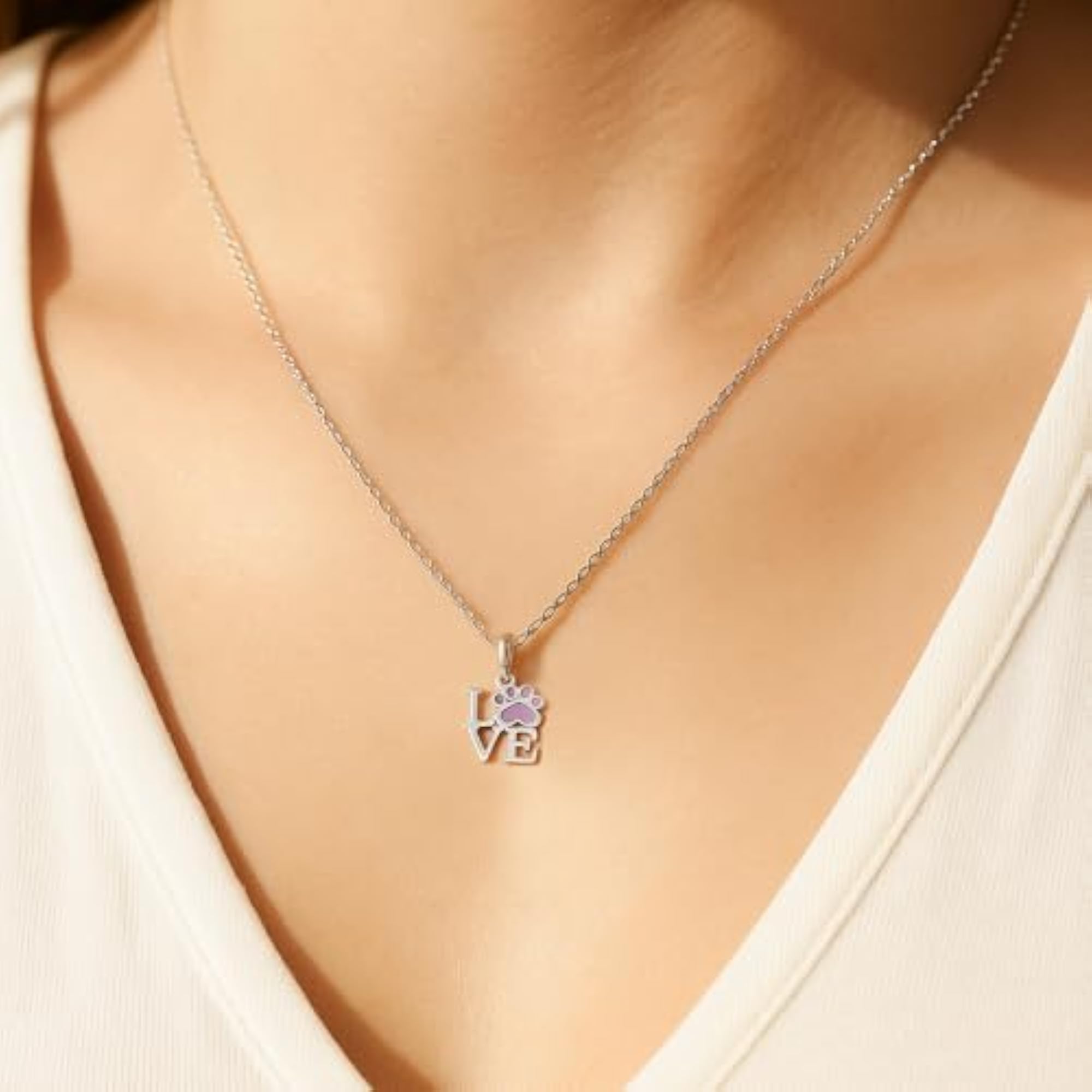 Women's Pure Silver LOVE Pendant with Purple Paw Print Charm