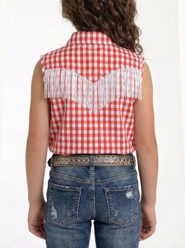 Image of Girls Fringe Shirt Sleeveless Button Down Western Cowgirl Tassel Trim Casual Blouse Shirt Top 4-13Y