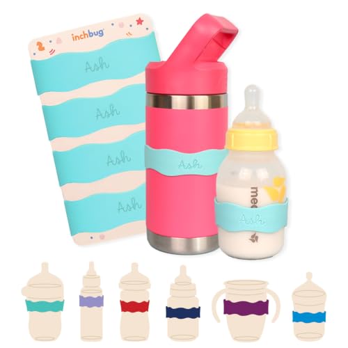 Image of InchBug Orbit Labels Silicone Bottle Bands, 4-Pack, Tropical Lagoon | Personalized reusable silicone name bands for bottles, sippy & water bottles; dishwasher-safe for daycare, preschool & school