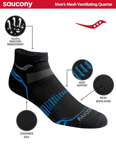 Saucony Men's Rundry Mesh Ventilating Comfort Fit Performance Quarter Socks (6, 12 Pairs)2
