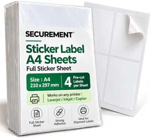 Securement Easyship Sticky Labels (A4 Size Sheet with 4 Pre-Cut Per Sheet) - to Print Easyship Order Labels & Invoice (100 Sheets)