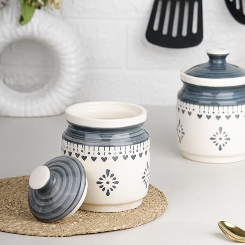 Image of The Earth Store Grey Drape Ceramic Jar with Wooden Tray | 650ml Each | Pickle Jar | Kitchen Storage Container Set for Pickle, Cookies, Sugar, Tea, Coffee - 2 Jars & 1 Tray Combo Set