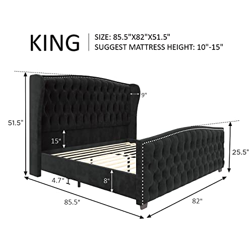 Amerlife King Size Platform Bed Frame, Velvet Upholstered Bed With Deep Button Tufted & Nailhead Trim Wingback Headboard/No Box Spring Needed/Black #TOP1
