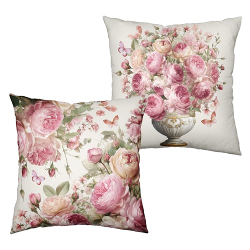 Kwlegh Pink Rose Pillow Covers Peony Flower Throw Pillow Covers Spring Summer Shabby Chic Floral Pillow Cases 22x22 Rustic Rose Farmhouse Cushion Cases for Home Bedroom Couch Sofa 2 Pcs