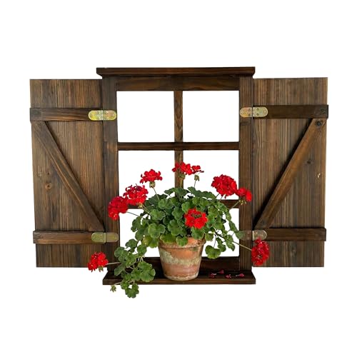 Relaxdays Ventana Decorativa rústica con contraventanas, Madera carbonizada, repisa, 63 x 45 cm, marrón