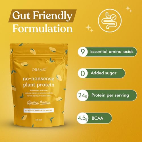Image of Cosmix No Nonsense Plant Protein | Brown Rice & Pea Isolate | Easy Digestion | 24g Protein /serving | Gluten & Lactose Free Ratnagiri Mango, 500 g (Pack of 1)