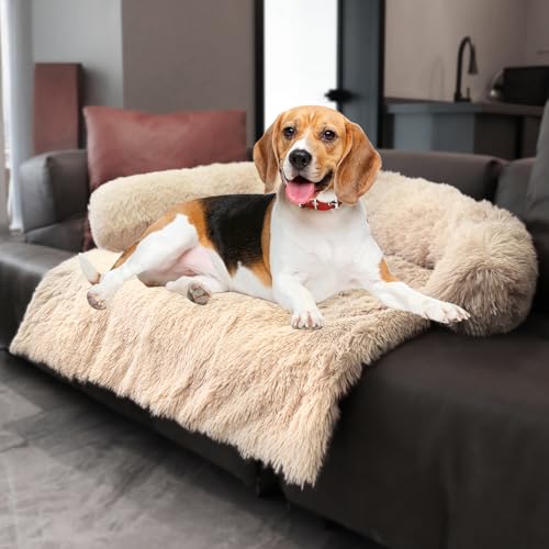 Image of Luxurious Calming Dogs /Cats Bed Mats, Dog Pad Washable Removable Couch Cover, Plush Long Fur Mat for Pets, Waterproof Lining, Perfect for Small, Medium and Large Dogs and Cats (Beige, 41 inchx37 inch)