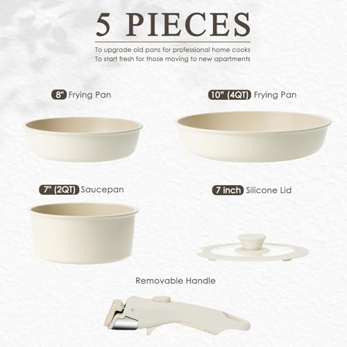 𝗨𝗣𝗚𝗥𝗔𝗗𝗘!! 5 Pcs Pots and Pans Set Non Stick - Detachable Handle Cookware Set, Induction Nonstick Kitchen RV Cooking Set Removable Handle - Dishwasher ＆ Oven Safe ＆Heat Evenly for Better Cooking - Thumbnail 2