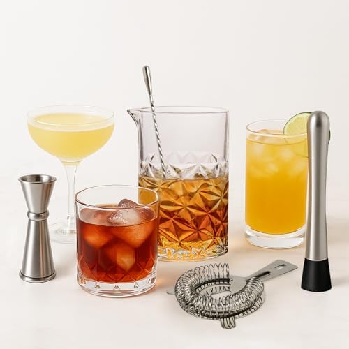 Cocktail Mixing Glass Kit, 24 OZ Crystal Stirring Glass with Stainless Steel Bar Tools – 2 OZ 1 OZ Jigger, Muddler, Strainer, Spoon, Recipe – Bartender Gifts for Men, Elegant Barware for Home & Party - Thumbnail 4