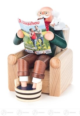 Figurine de fumeur en bois de l'Erzgebirge grand-père sur fauteuil 14cm