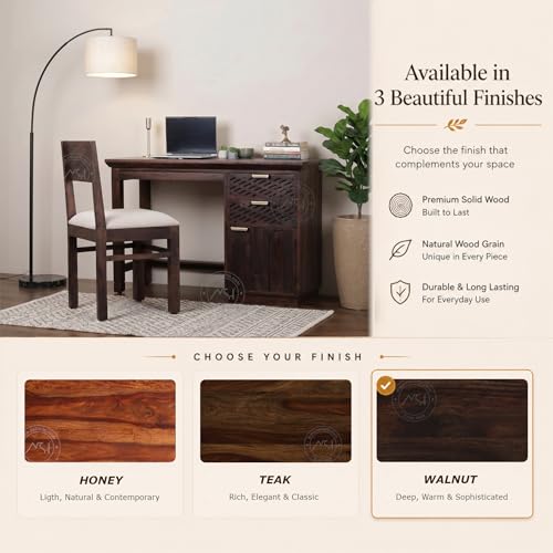 Image of NSH Solid Sheesham Wood Study Table with Chair | Wooden Writing Desk with Drawer & Door Storage | Pre-Assembled Computer Desk Workstation for Home Office & Study Room | Walnut Finish