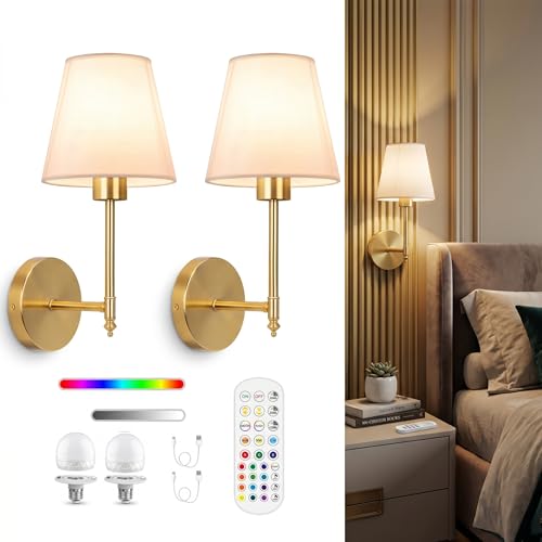 Image of NYRWANA Modern LED Wall Lamp with Remote Control, Multi Color Light, Dimmable Brightness, Timer Function, Wireless Rechargeable Wall Light for Bedroom, Living Room, Bedside Decor (White)