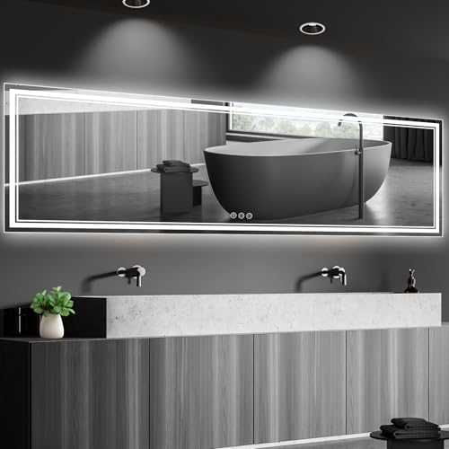 Image of Ratsamee 96x36 Inch LED Bathroom Mirror with Frontlit & Backlit, Lighted Mirror for Bathroom Wall with 3-Color Dimmable & Anti-Fog, Vanity Mirror with Lights
