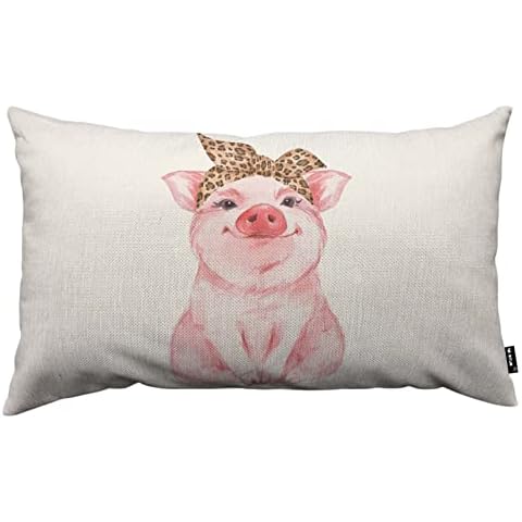 TKS MITLAN Pink Pig Throw Pillow Case Cushion Cover Farm Animal Funny Cute Piggy Wearing Leopard Bandana Linen Couch Bed Sofa Car Waist Cushion Cover 12 x 20 inch Cover