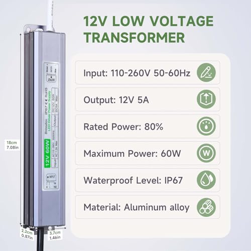Image of LED Driver 60W Waterproof IP67 Power Supply Adapter, AC110V to DC12V Constant Voltage LED Transformer with 3-Prong US Plug for Outdoor & Indoor LED Lights, Computer Projects