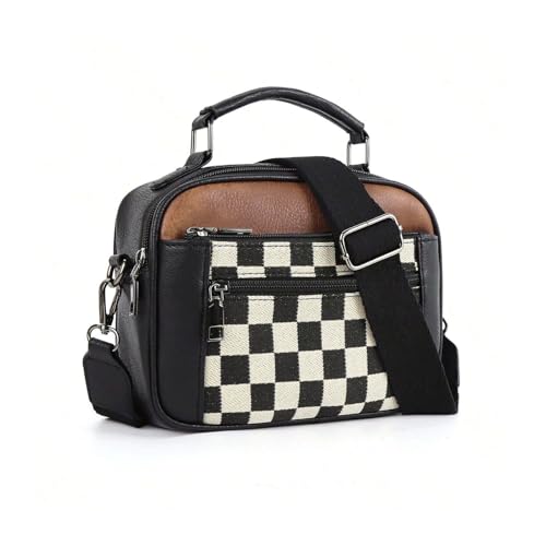 Artévita Damen Handtasche mit Schachbrettmuster, Umhängetasche aus PU-Leder, Mittelgroß, Schwarz-Weiß (Schwarzes Schachbrett)