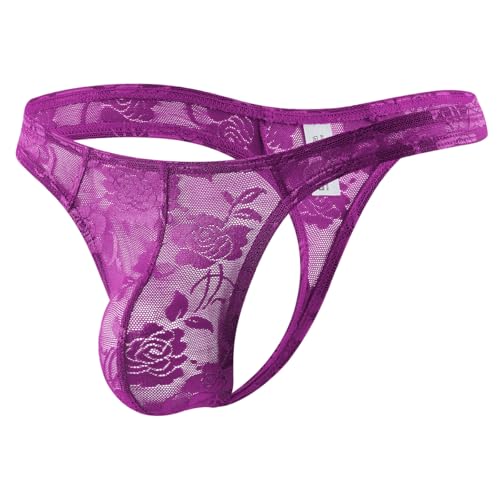 Casey Kevin String Homme Dentelle, Transparent sous-vêtements Sexy Slips Taille Basse Strings Tanga, Violet, XL