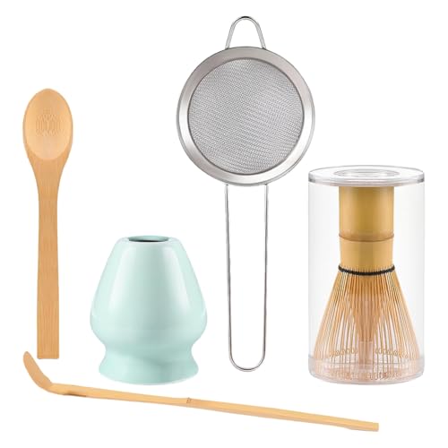 Ammboco Kit de Matcha de 5 Piezas: Cuchara de Bambú, Cuchara de Madera, Colador y Soporte de Cerámica para Batidor de Té.