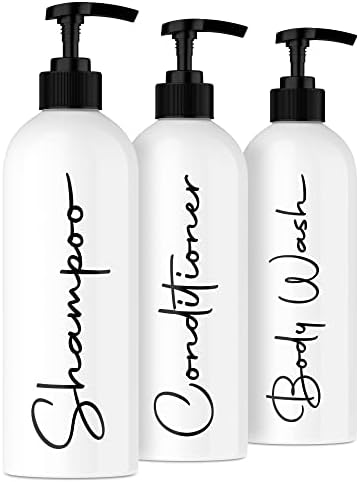 Alora 16oz Reusable Shampoo and Conditioner Bottles - Set of 3 - White - Easy to read Lettering - Pump Bottle Dispenser for Shampoo, Conditioner, Body Wash - Empty Plastic Refillable Containers