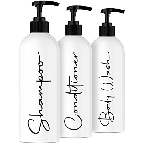 Alora 16oz Refillable Shampoo and Conditioner Dispenser Bottles - Set of 3 - Pump Bottle Dispenser for Shampoo, Conditioner, Body Wash - Empty Plastic Refillable Containers for Shower, Matte White