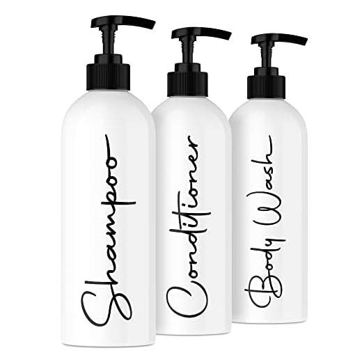 Alora Reusable Shampoo and Conditioner Bottles - Set of 3 - Permanent Stylish Labels - 16oz Pump Bottle Dispenser for Shampoo, Conditioner, Body Wash - Empty Plastic Refillable Containers for Shower