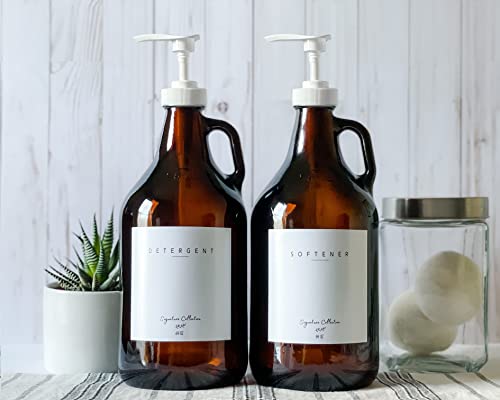 Laundry Detergent Dispenser For Laundry Room - Two Half Gallon Amber Glass Jugs, Fabric Softener Dispenser, Liquid Laundry Soap Dispenser And Bleach - 64 Oz. White Commercial Liquid Pump Dispenser #TOP3