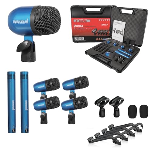 Image of 5 CORE 7 Piece Drum Microphone Set with 5 Dynamic Percussion Microphones Kick Bass, Tom /Snare and 2 Condenser Cymbals Metal Mics Complete with Thread Clip Mics Holder