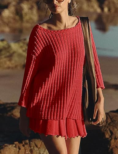 Image of Sweater Set Two Piece Skirt Sets for Women Long Sleeve Two Piece Outfits Loose Knit Pullover Mini Skirt