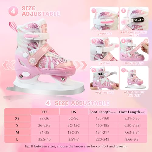 image for LEVYTEMP Adjustable Ice Skates for Kids Boys Girls - Warm Fleece Lined