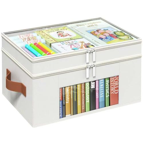 Foyego 18 QT Craft Organizers and Storage Box with Transparent Cover and Leather Handles, 2-Layer Art Supply Organizer for Crayon, Coloring Books, Modeling Clay, Molds and Sewing, Beige
