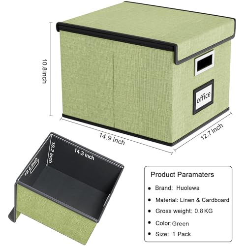 Huolewa File Organizer Box with Lid, Collapsible File Folder Organizer for Office Document Storage, Filing Box with Plastic Slide for Letter Size Hanging File Folders(1 Pack, Green)