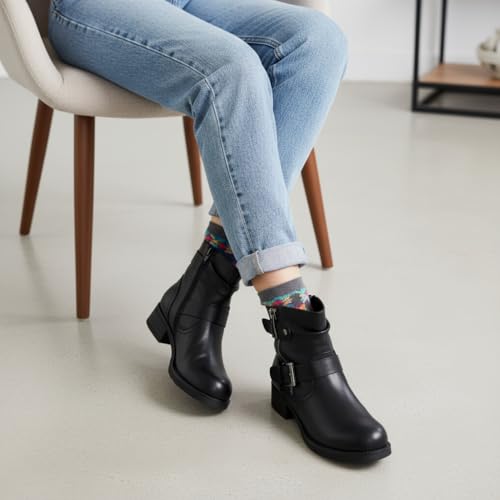 Image of Dunes Max Motorcycle Womens Ankle Boots - Comfortable Booties for Women with Zipper & Buckle, Combat Boots Style, Memory Foam, Wide Width Options