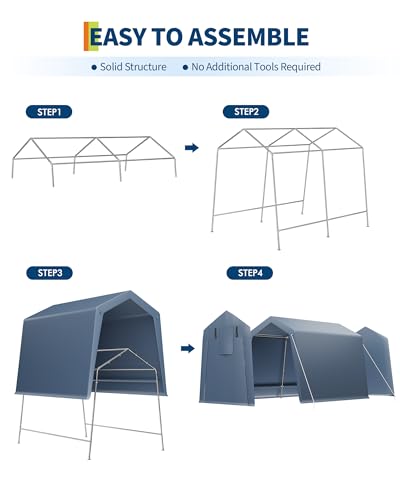 7 Ft x 10 Ft Outdoor Storage Shed, Heavy Duty Portable Garage Shelter with Roll-Up Zipper Door, Waterproof Carport for Motorcycle, Bike, Car, Tools, Firewood, Lawn Equipment, Ventilated Windows,Grey