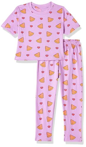 T2F Girls Cotton Printed Oversized Fit Crop Top and Pant Pajama Set Lavender