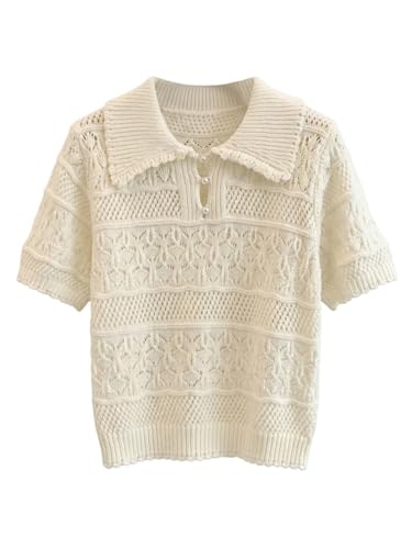 SHENHE Women's Short Sleeve Crochet Sweater Hollow Out Collared Pearl