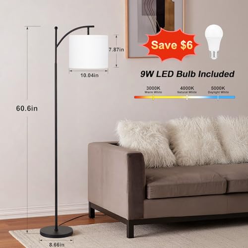 Image of Ambimall 60 inch Floor Lamp with 3 Color Temperatures, Adjustable White Shade, Black Pole - Tall Lamp for Living Room, Bedroom, Office, Classroom, Dorm - 9W Bulb Included