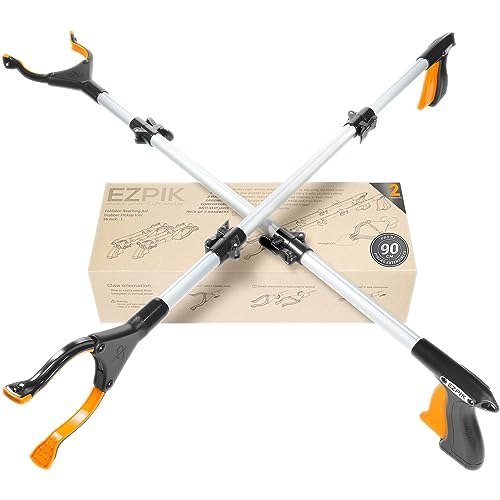 EZPIK® Pinzas Recoge Objetos 90 cm - Pinzas Extensibles para Personas Mayores - Palo con Imán Telescópico para Minusválidos y Ancianos - Pinza Recoger Basura y Fruta [Color Plateado, Pack 2]