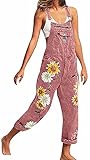 Adolshion Women's Flower Print Stretch Jeans Long Denim Bib Overalls Cute Sunflowers Denim Strap Jumpsuits