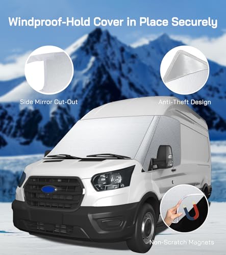 Image of Windshield Cover for Ford Transit 2015-2026 Motorhome,Van, Front Window Sunshade, Class B Oxford Front Cover for UV Protection & Privacy Shield, Sliver with Mirror Cutouts